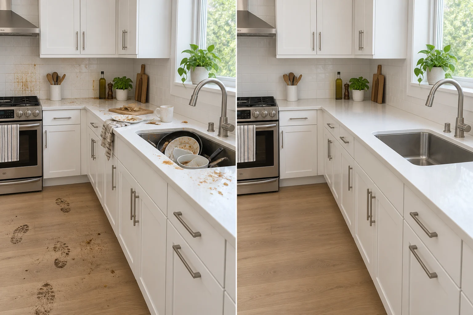 Illustrated kitchen after cleaning, with spotless worktops and an empty sink